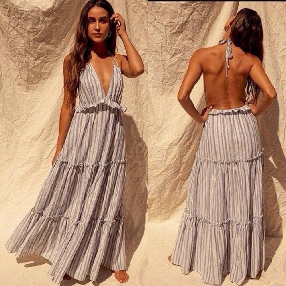 Lulus XXS Gray Striped Open Back Boho Vacay Romantic Halter Maxi Dress Runs Big